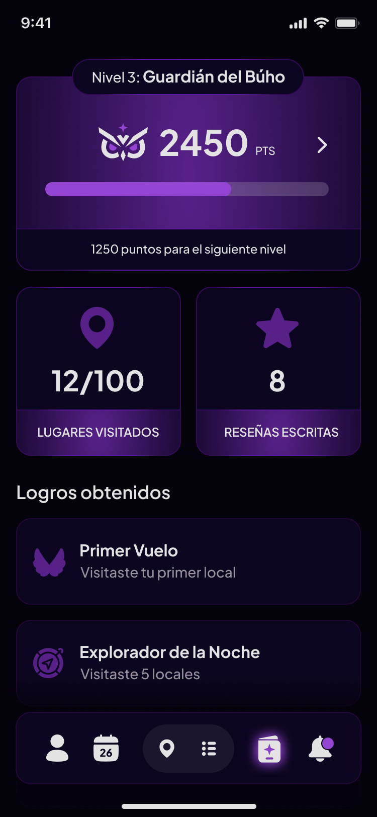 Pasaporte Nocturno: Nivel 3 Guardián del Búho, 2450 puntos, 12 lugares visitados, 8 logros
