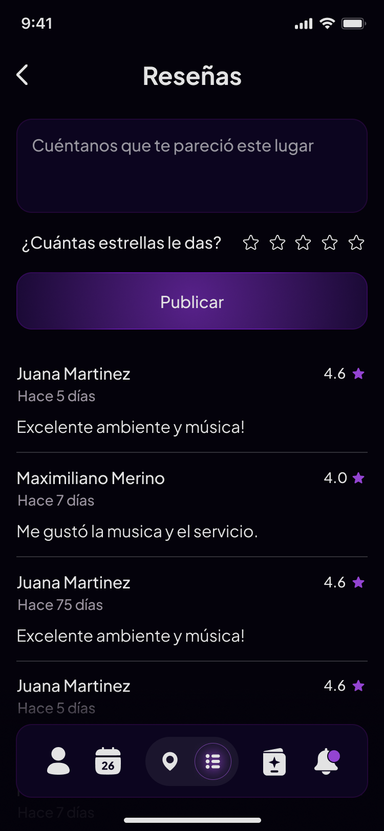 Pantalla de reseñas de la comunidad de Nocturna