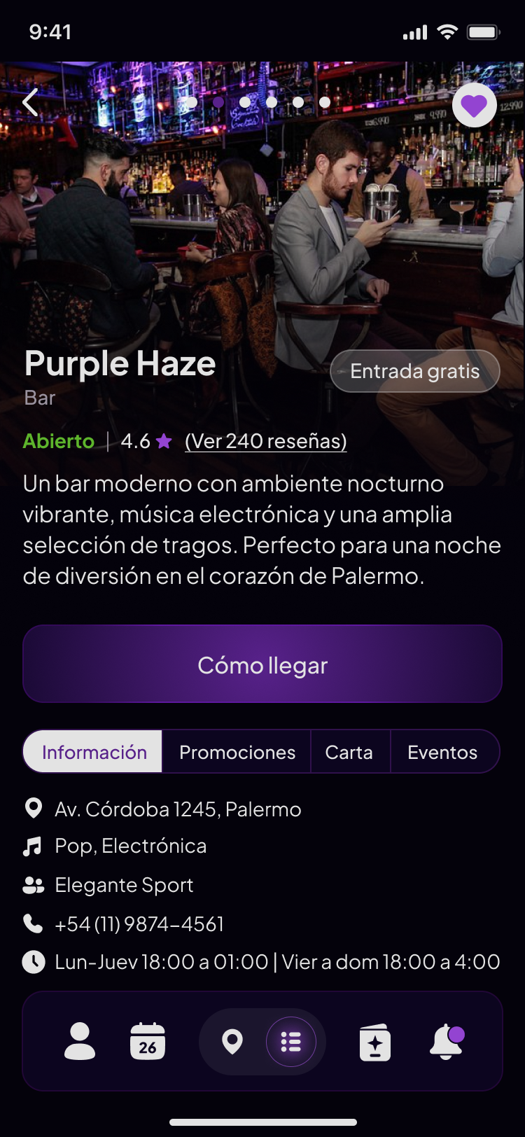 Perfil del local Purple Haze con info, música, horarios
